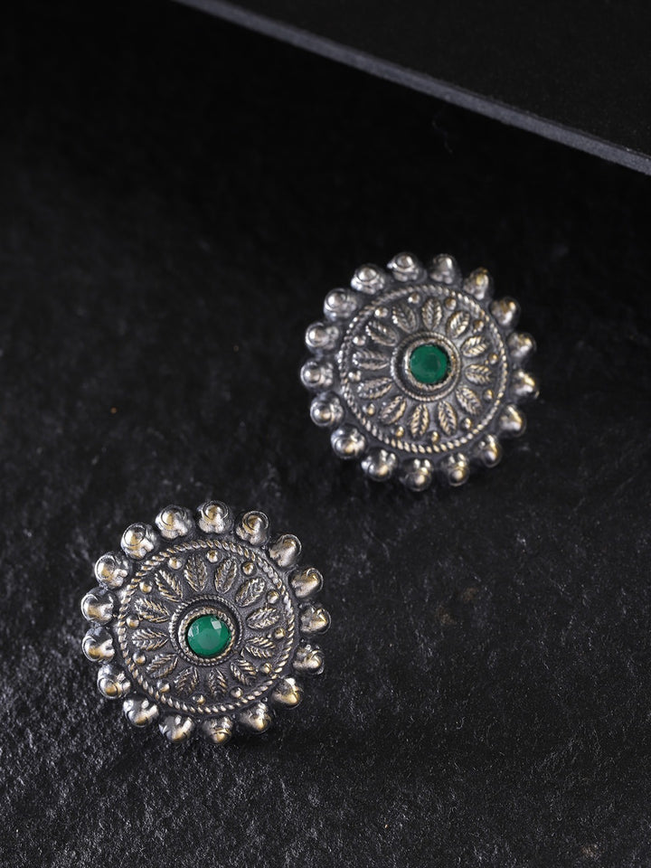 Oxidised Silver-Plated Stones Studded Round Shaped Large Stud Earrings