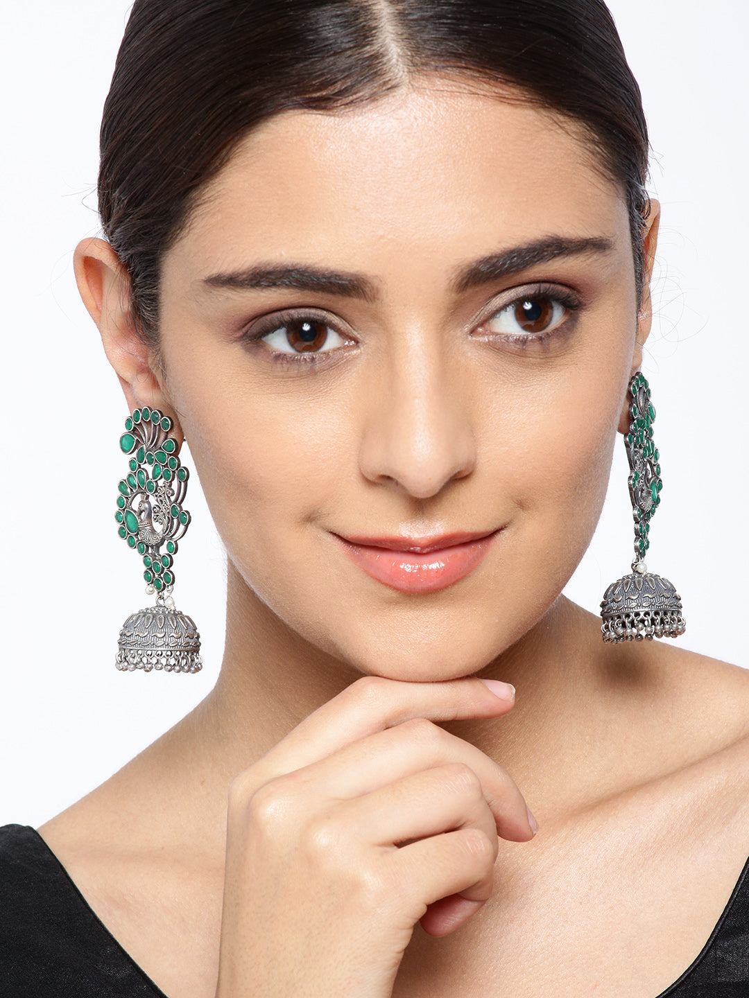 Oxidised Silver-Plated Emerald Studded Peacock Inspired Jhumka Earrings