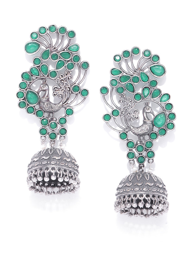 Oxidised Silver-Plated Emerald Studded Peacock Inspired Jhumka Earrings