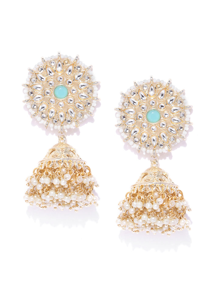 Gold-Plated Kundan and Pearls Studded Floral Patterned Jhumka Earrings