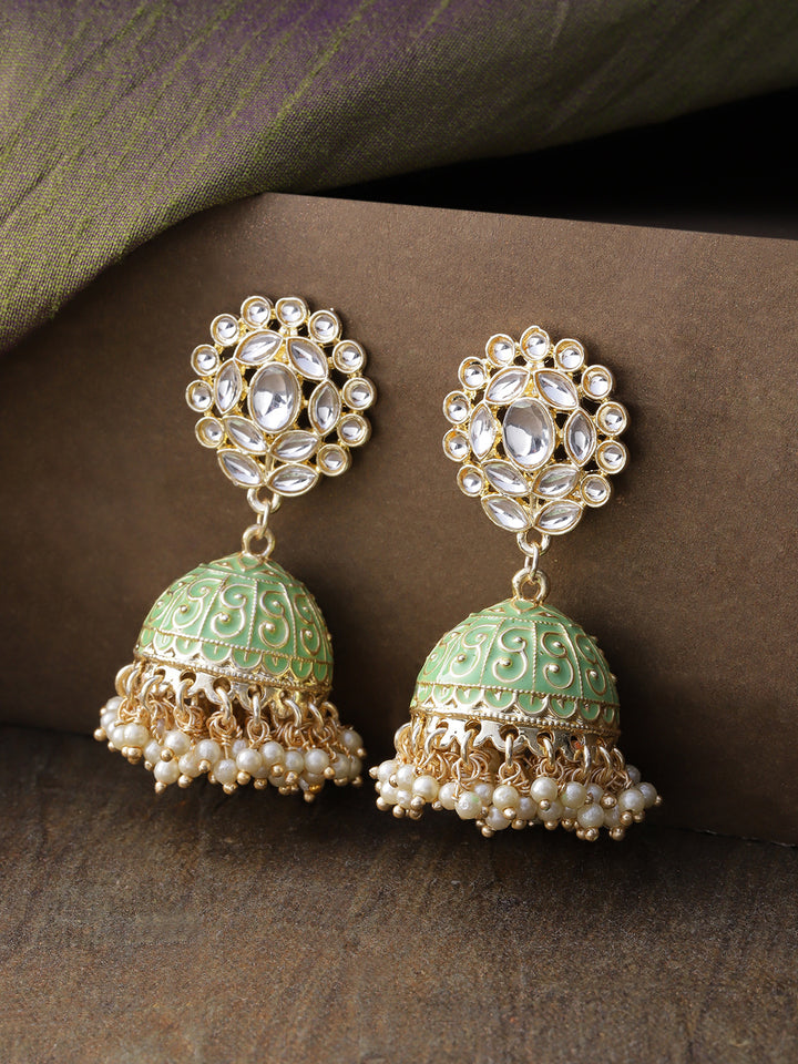 Gold-Plated Kundan Studded Floral Patterned Meenakari Jhumka Earrings in Green Color