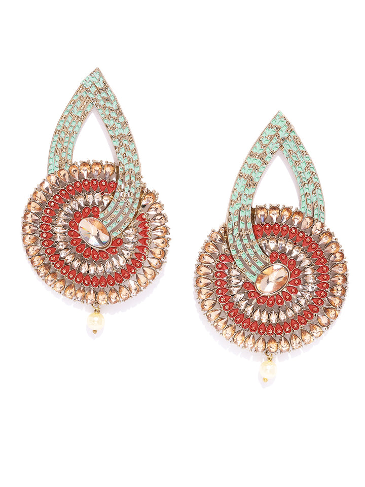 Gold Plated Stone Studded Mint Green & Maroon Circular Drop Earrings