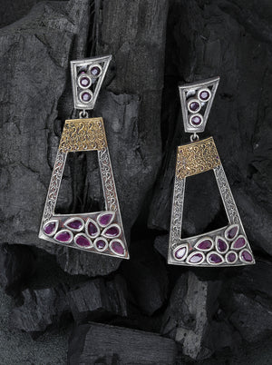 Pink Oxidised Silver-Plated Stone Studded Geometric Drop Earrings
