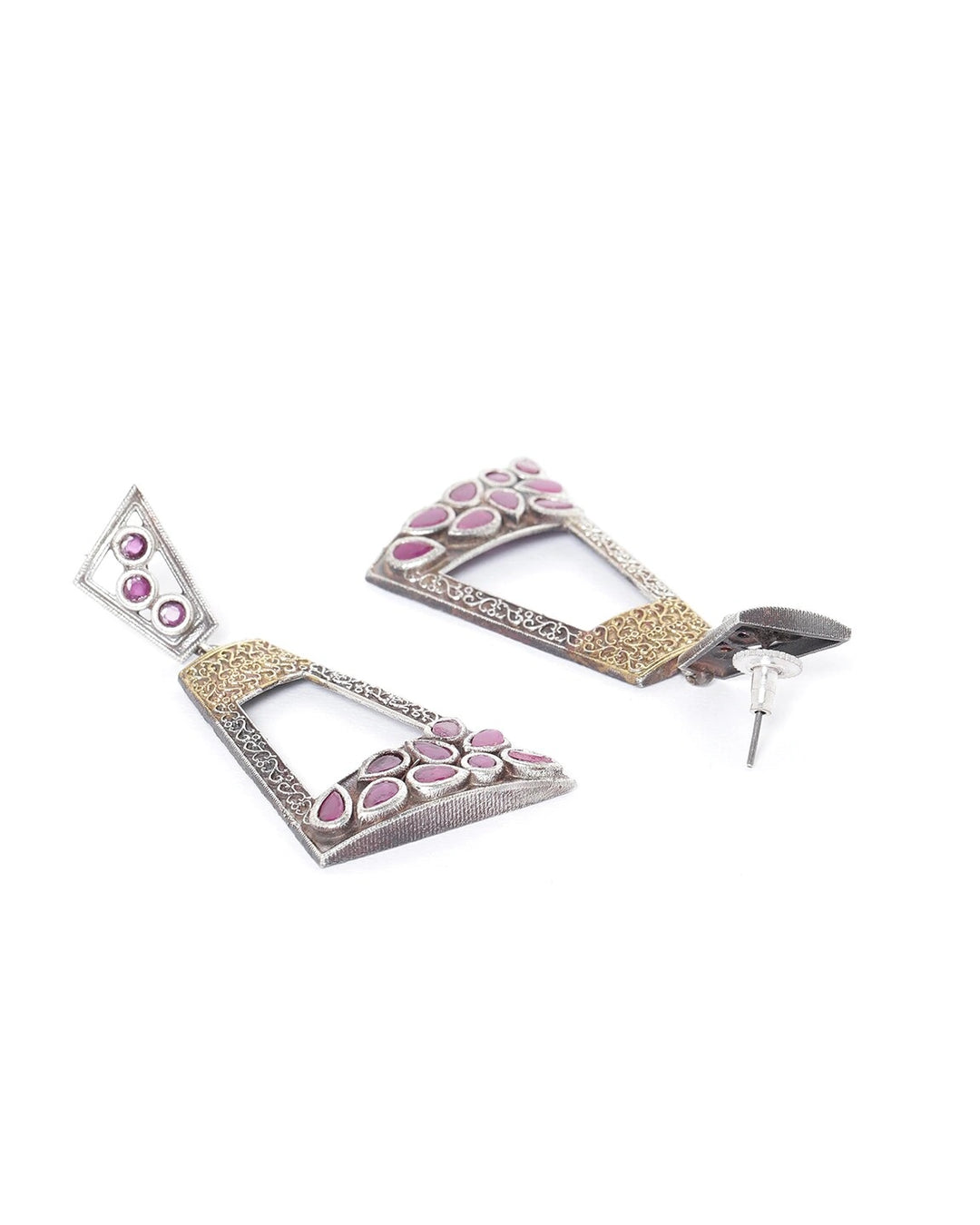 Pink Oxidised Silver-Plated Stone Studded Geometric Drop Earrings