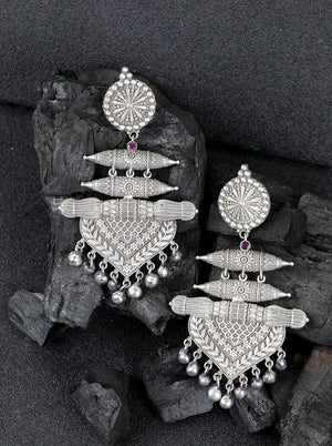 Oxidised Silver-Plated Stone-Studded Classic Drop Earrings
