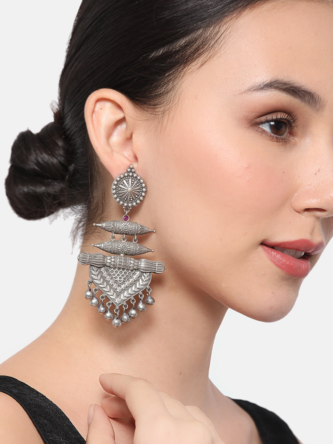 Oxidised Silver-Plated Stone-Studded Classic Drop Earrings