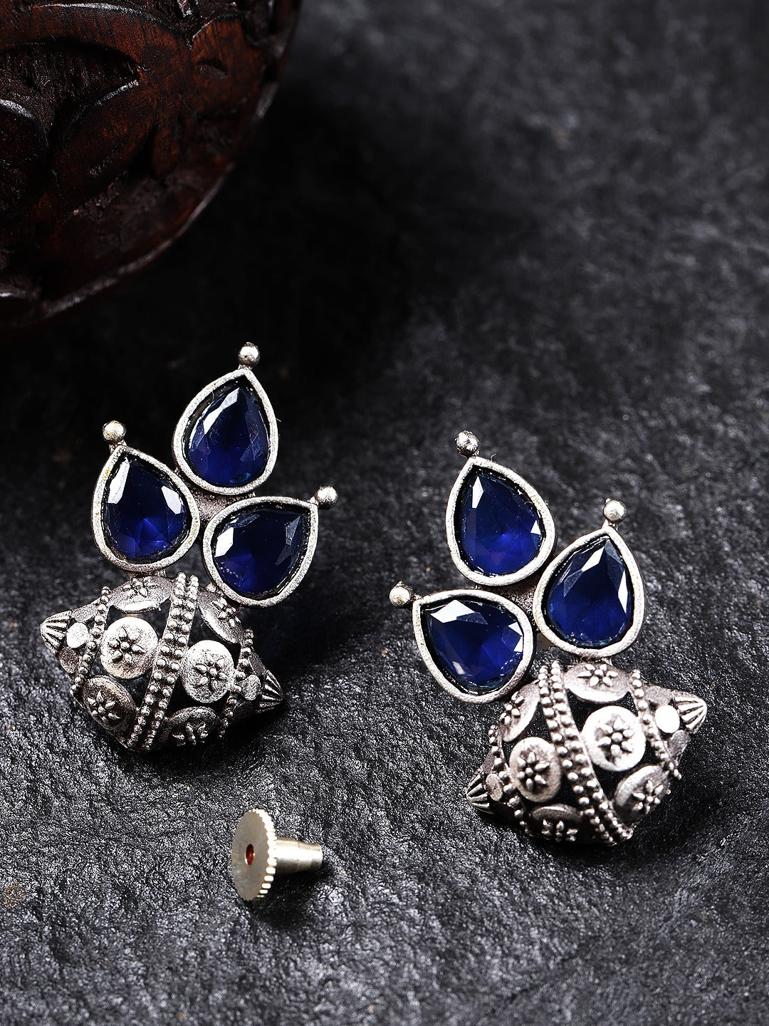 Blue Oxidised Silver-Plated Stone Studded Classic Drop Earrings