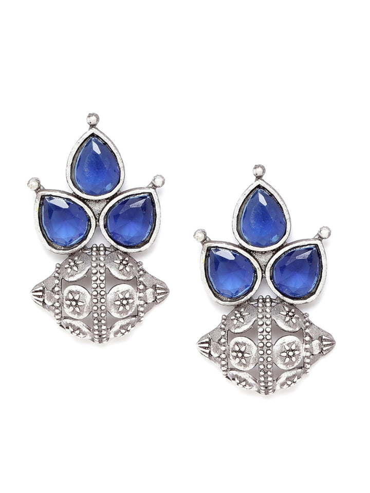 Blue Oxidised Silver-Plated Stone Studded Classic Drop Earrings