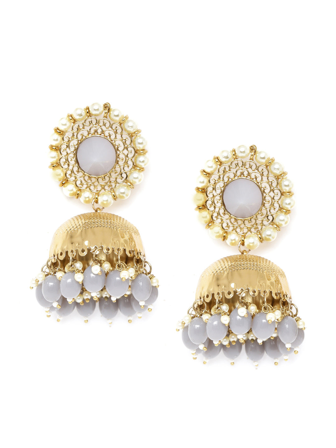 Grey Gold-Plated Beaded Dome Shaped Jhumkas