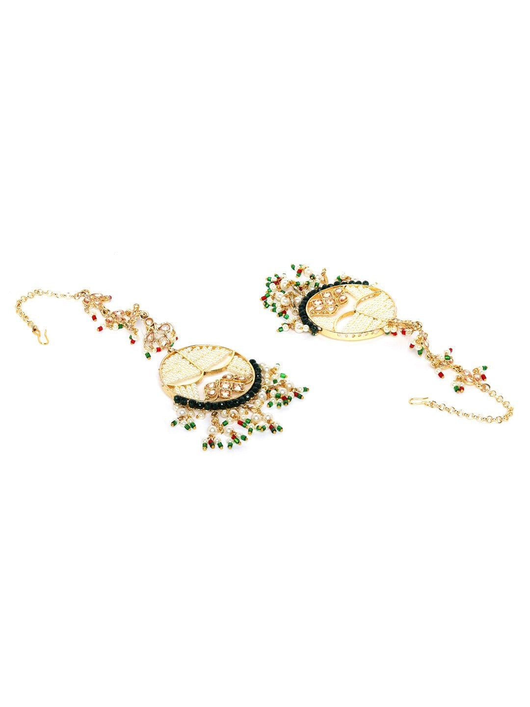 Off-White & Green Gold-Plated Beaded Circular Drop Earrings with Chain