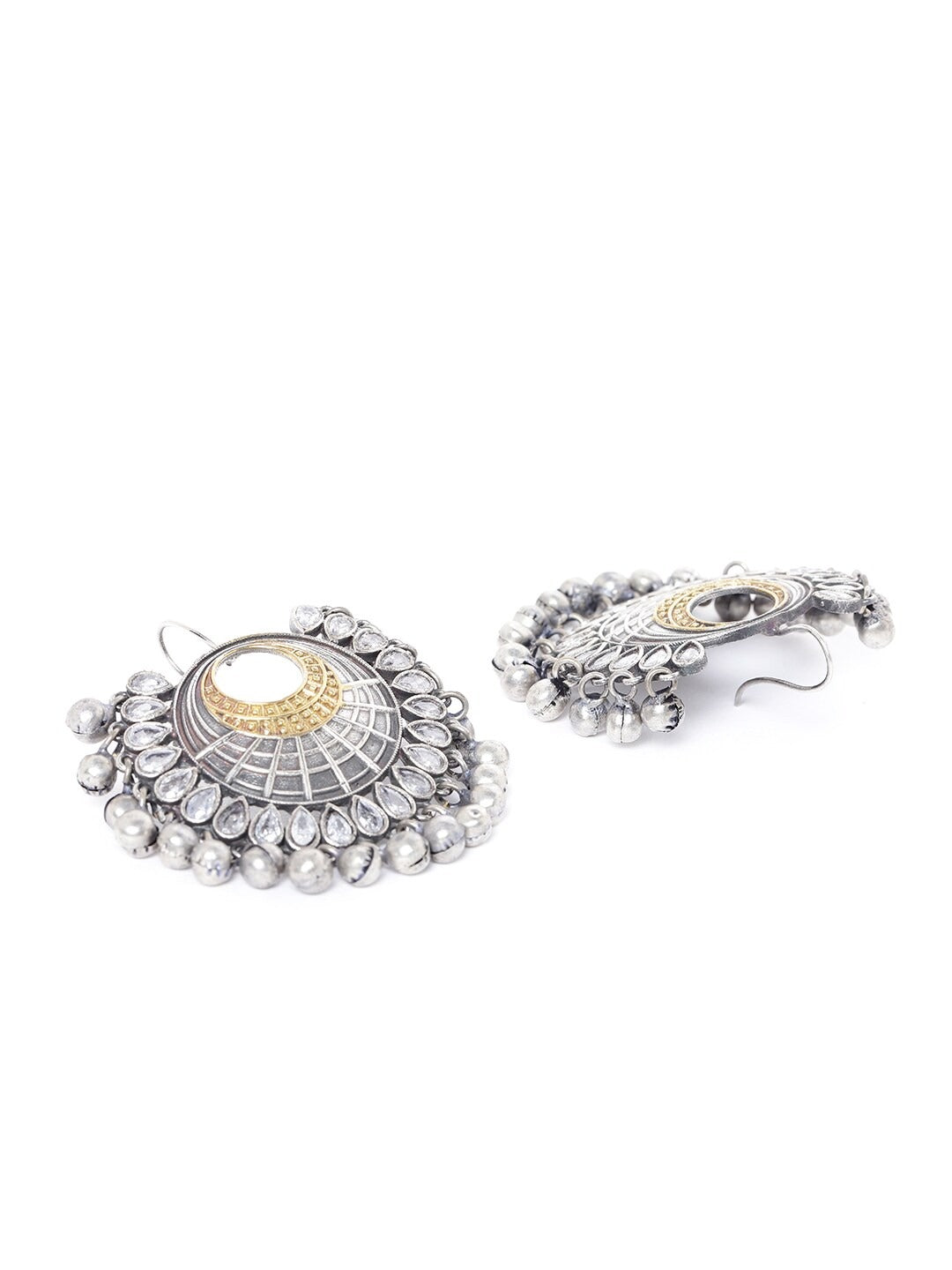 Gold-Toned Oxidised Silver-Plated CZ Studded Circular Drop Earrings