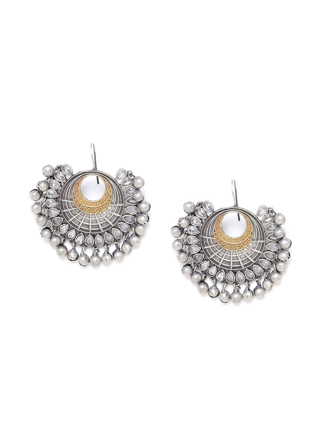 Gold-Toned Oxidised Silver-Plated CZ Studded Circular Drop Earrings