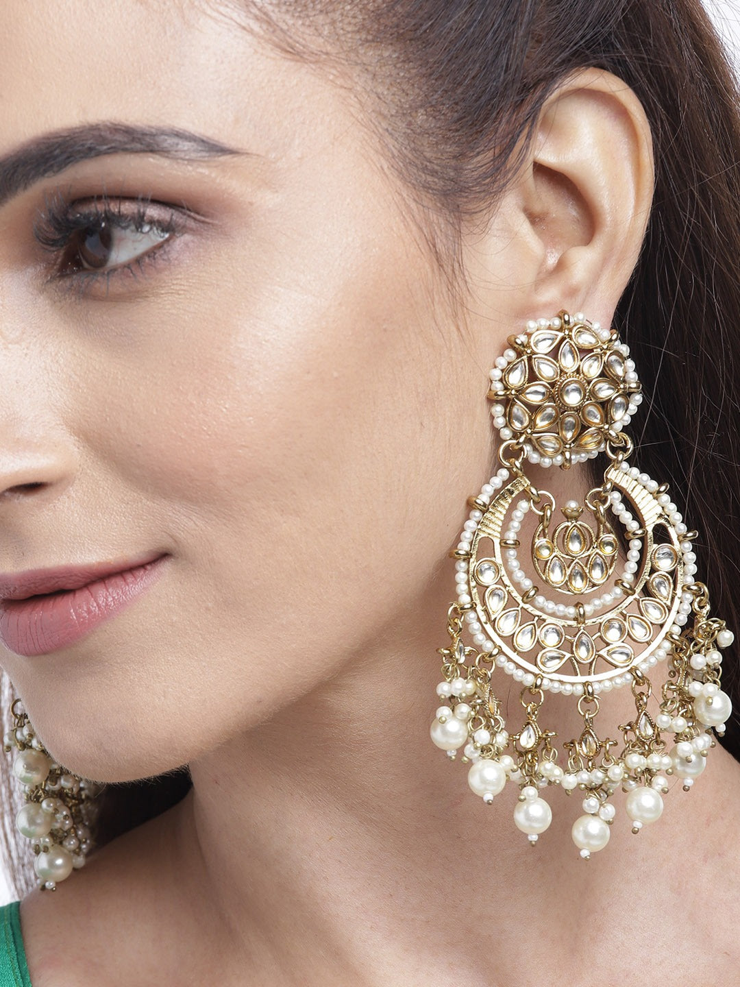 Gold-Plated Stone Studded Chandbali With Pearl Drop