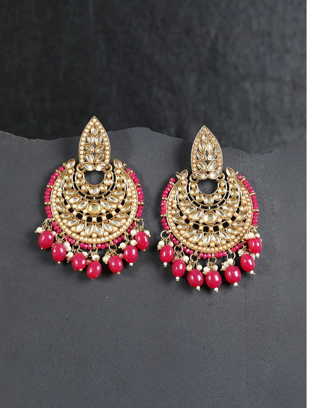 Gold-Plated Stone Studded Chandbali With Mehroon Beads