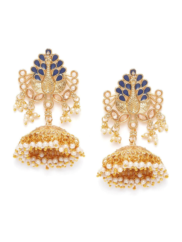 Gold-Plated Peacock style Stone Studded Jhumka with Bead Drop