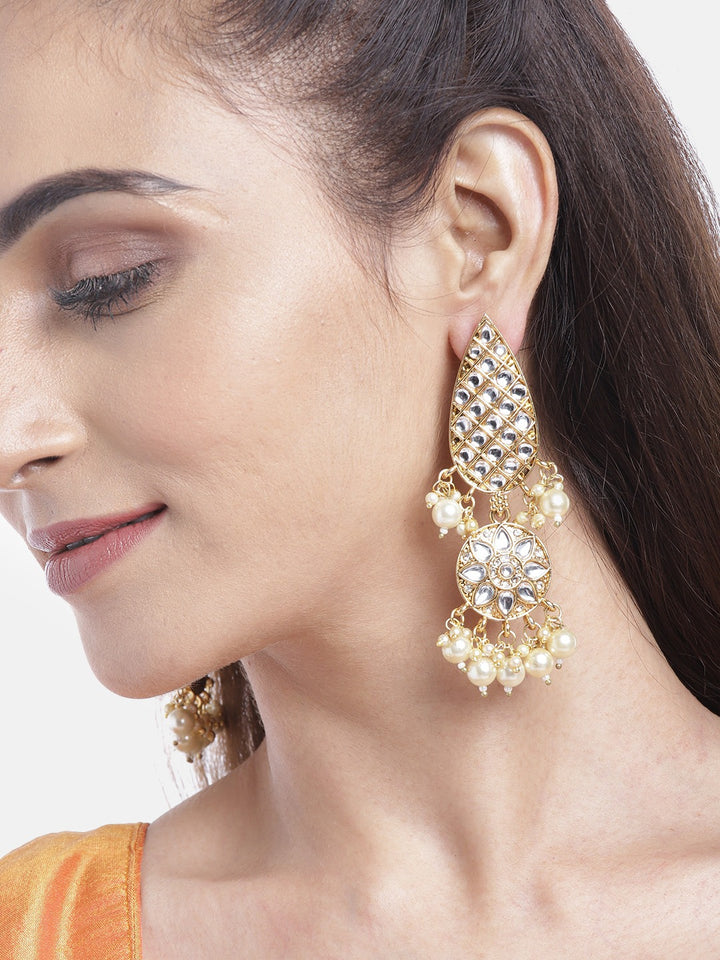 Gold-Plated Kundan Studded Jhumka with Pearl Drop