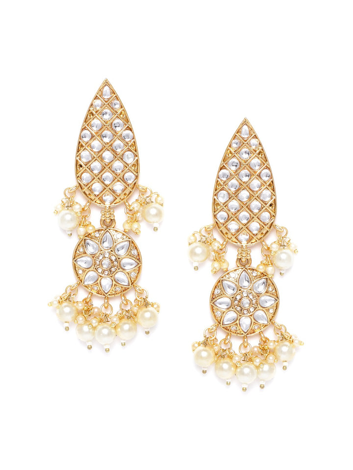 Gold-Plated Kundan Studded Jhumka with Pearl Drop