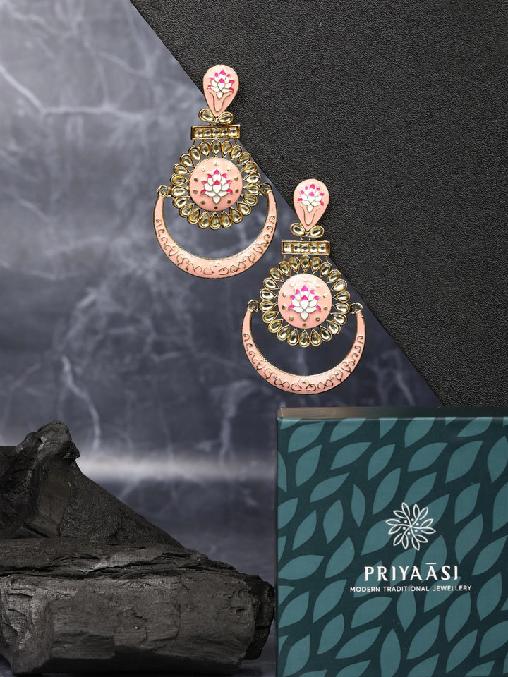 Gold-Plated Stone Studded Handcrafted Chandbali in Peach Color