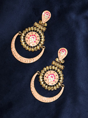 Gold-Plated Stone Studded Handcrafted Chandbali in Peach Color