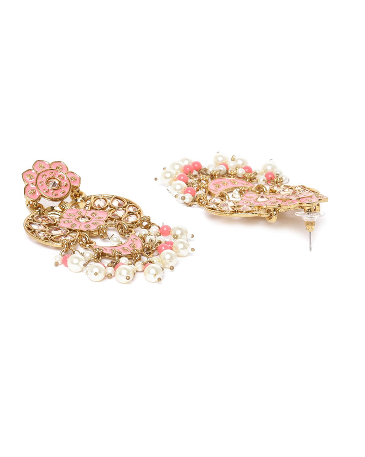 Gold-Plated Stone Studded Drop Earrings with Pearl Drop in Peach Color