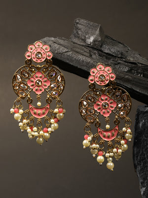 Gold-Plated Stone Studded Drop Earrings with Pearl Drop in Peach Color