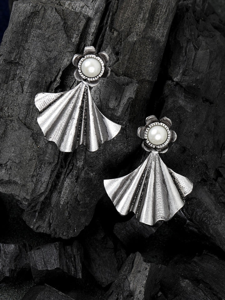 Oxidised Silver-Plated Pearl studded floral inspired Drop earrings