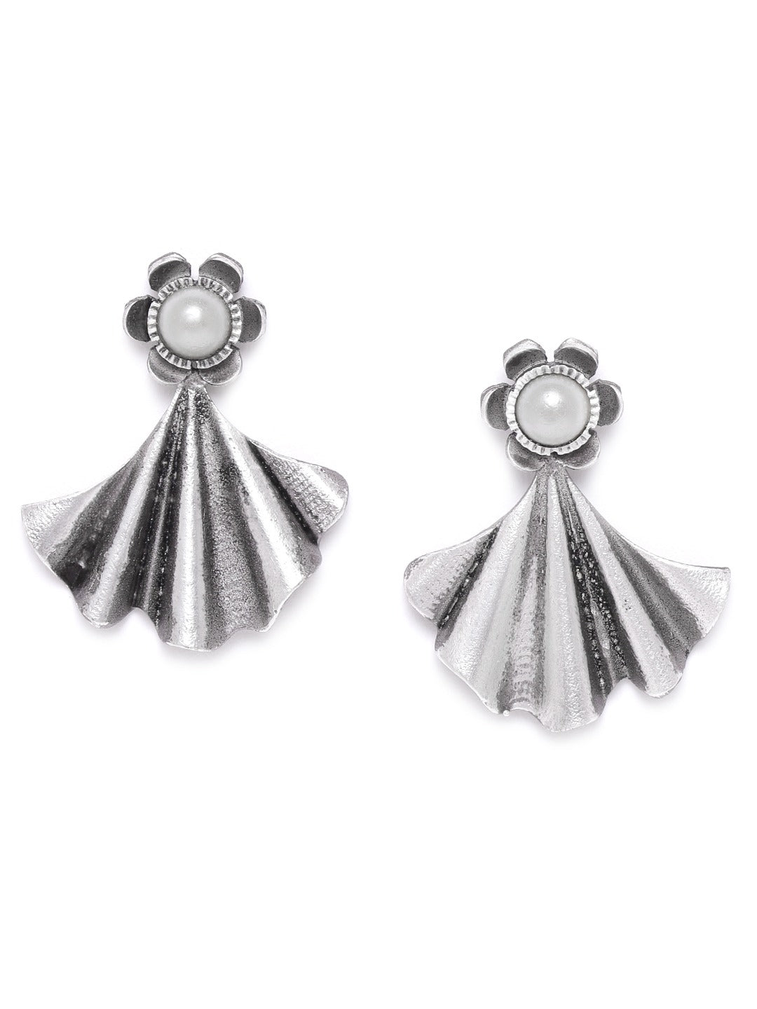 Oxidised Silver-Plated Pearl studded floral inspired Drop earrings