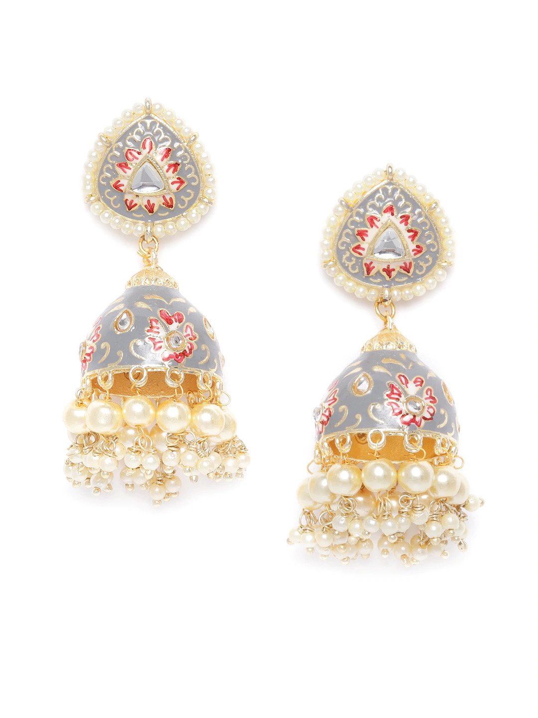Gold-Plated Kundan and beads Studded Handcrafted Jhumka with Peal drop