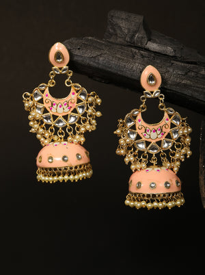 Gold-Plated Kundan Studded Handcrafted Jhumka with Peal drop