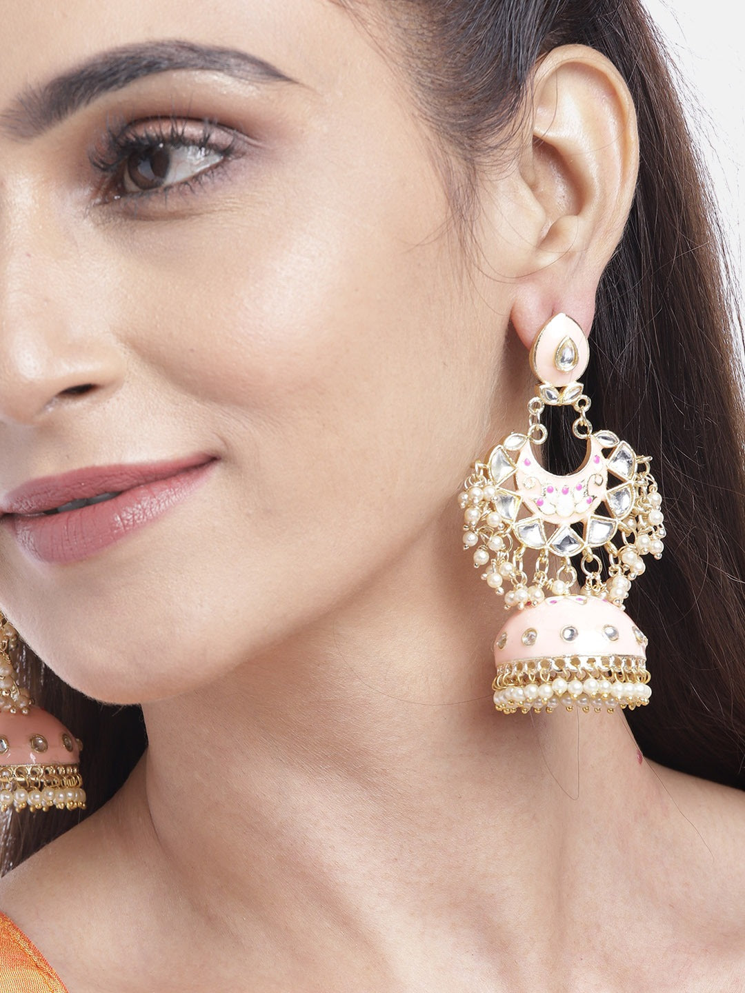 Gold-Plated Kundan Studded Handcrafted Jhumka with Peal drop