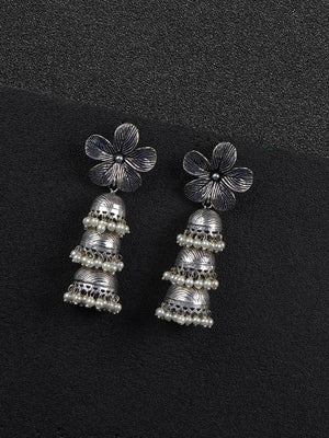 Oxidised Silver-Plated Floral Inspired Jhumka with Bead drop