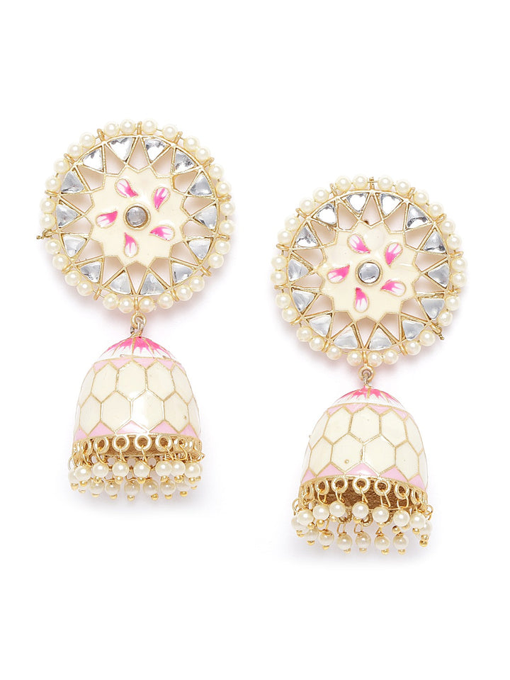 Gold-Plated Kundan and beads Studded Handcrafted Jhumka with Peal drop