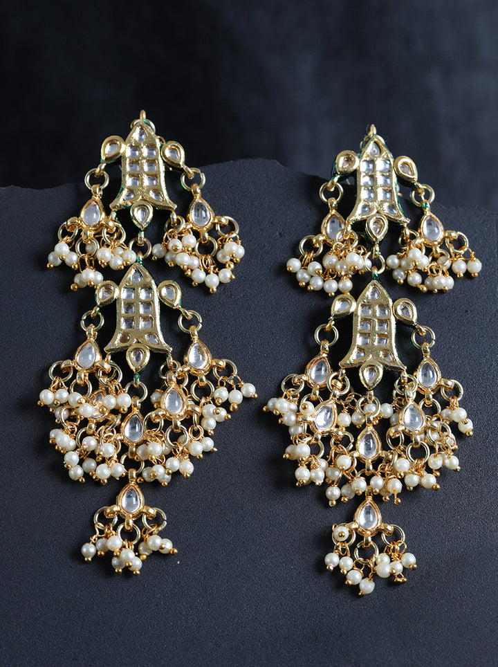 Gold-Plated Kundan Studded Drop earrings with Bead Drop