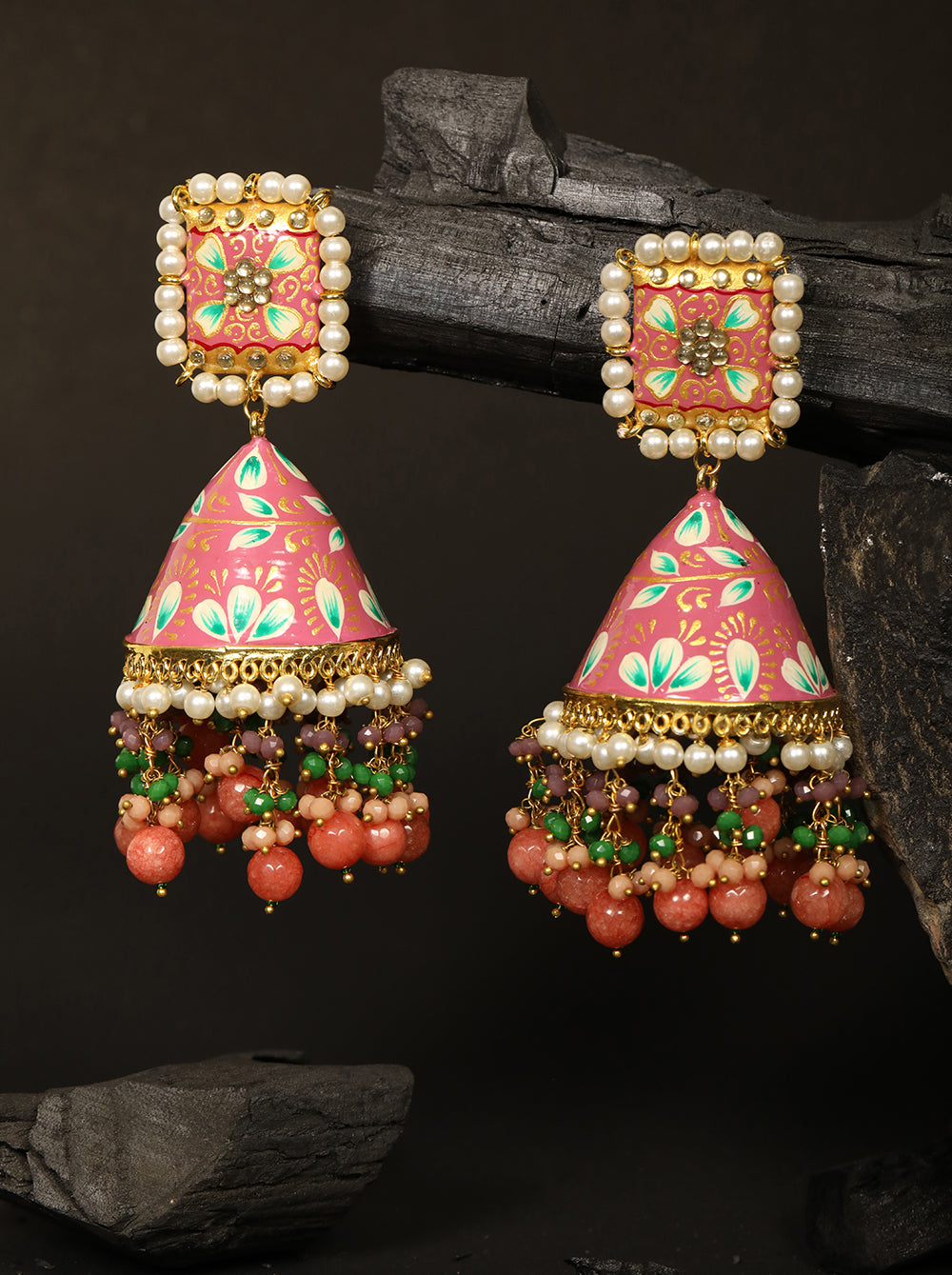 Gold-Plated Bead Studded Handcrafted Jhumka with Bead Drop