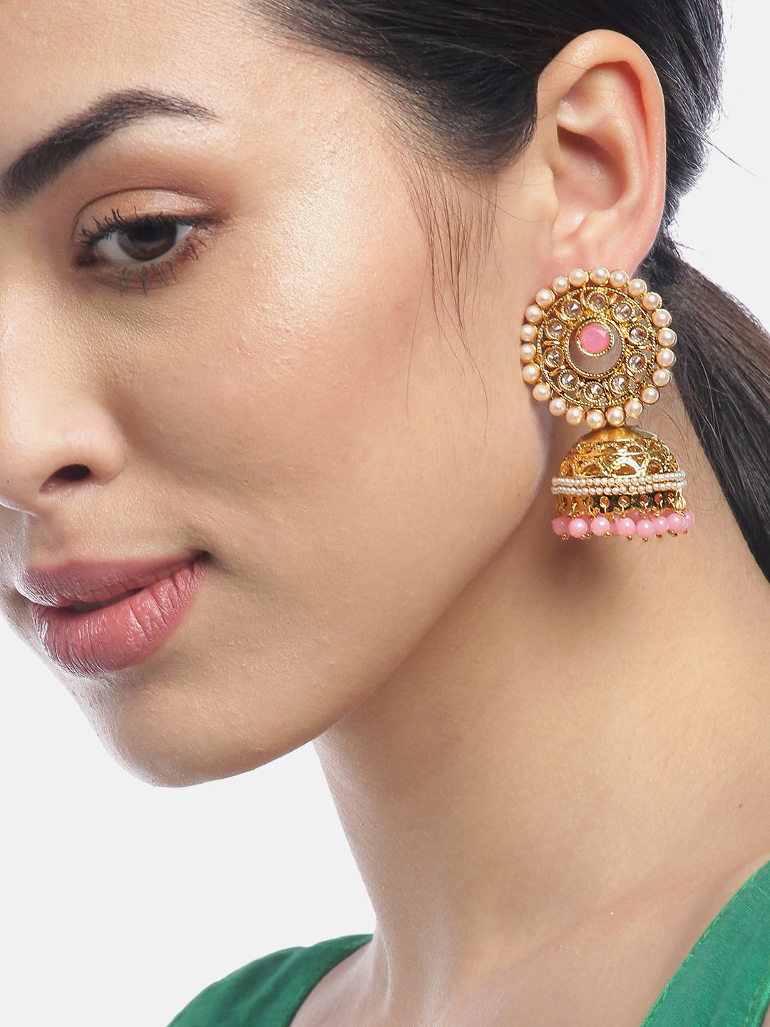 Pink Pearls Studded Jhumka Earrings