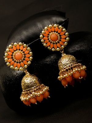 Gold Plated Orange Color Stone Studded Jhumkas