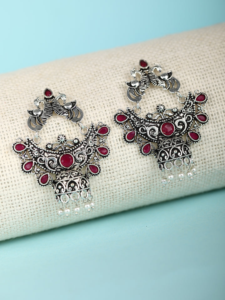 Ruby Studded Festive Wear Silver Oxidised Earrings