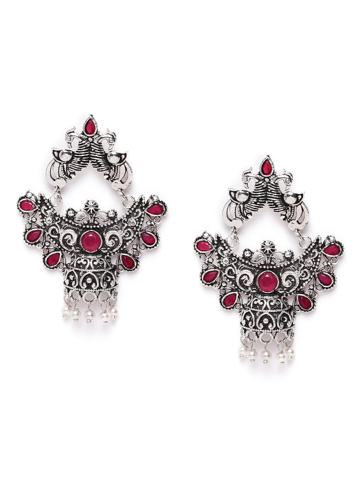 Ruby Studded Festive Wear Silver Oxidised Earrings