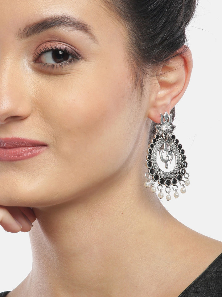 Silver Plated Black Stone and Beads Studded Jhumkas