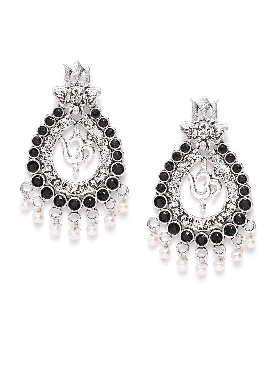 Silver Plated Black Stone and Beads Studded Jhumkas