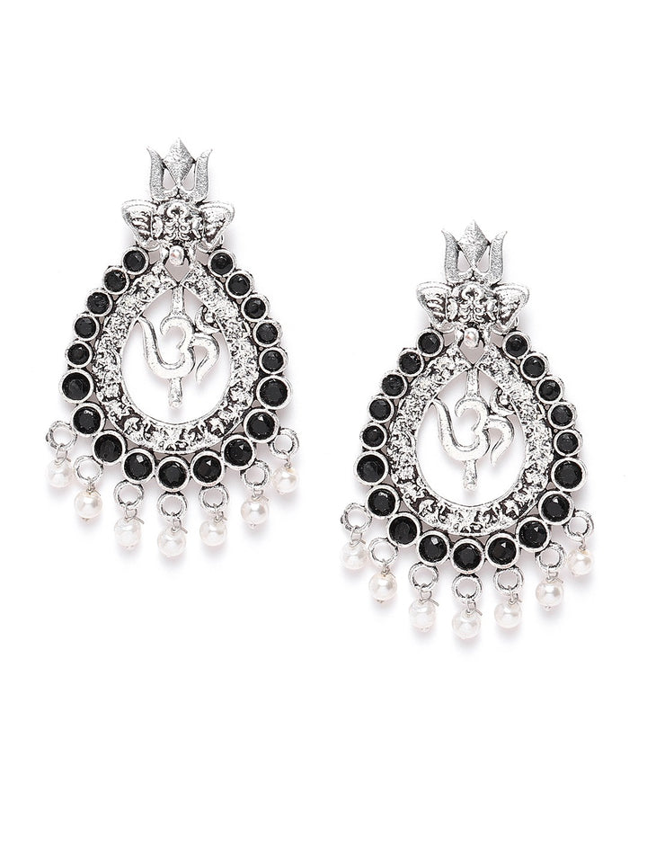 Silver Plated Black Stone and Beads Studded Jhumkas