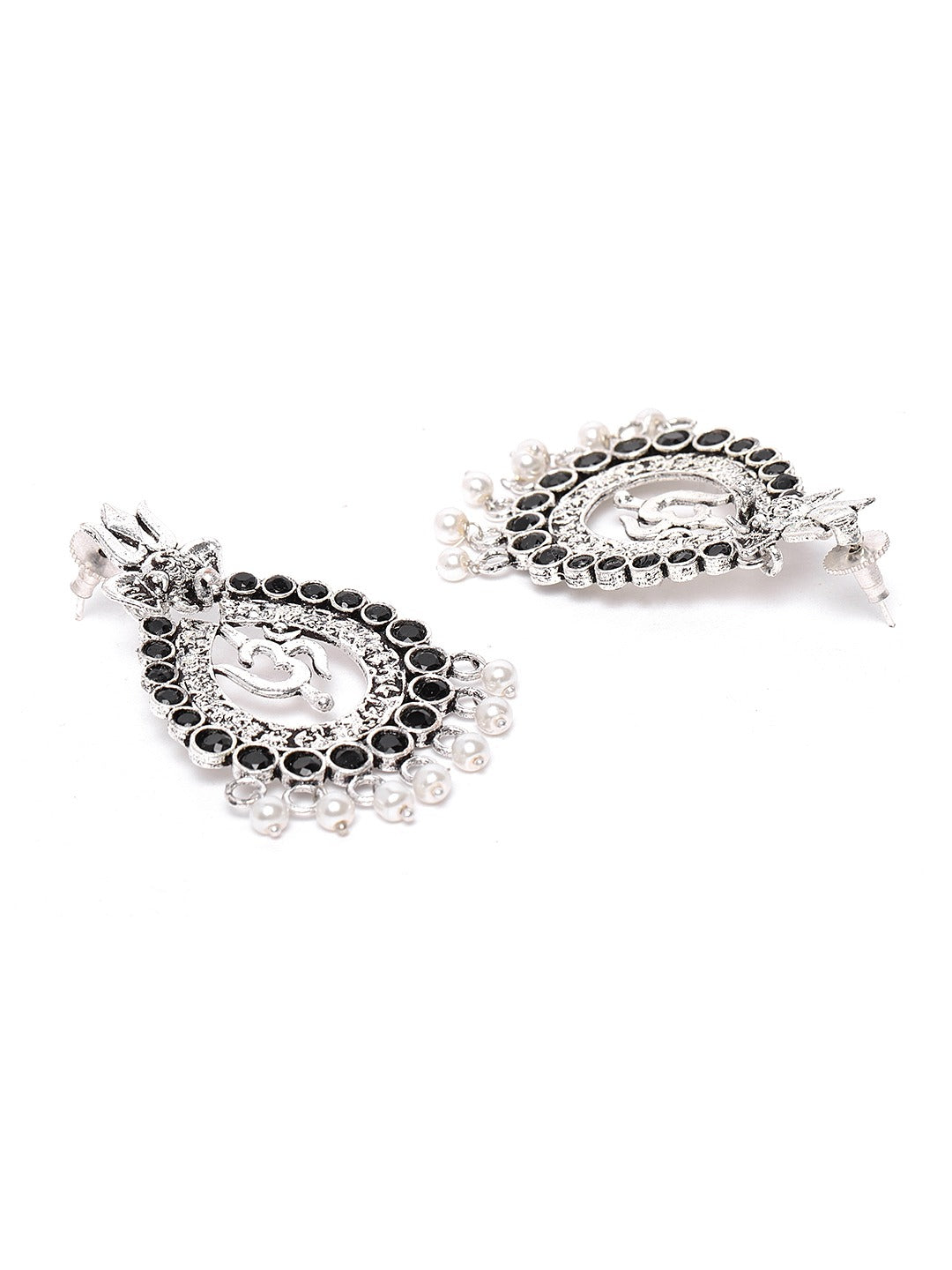 Silver Plated Black Stone and Beads Studded Jhumkas