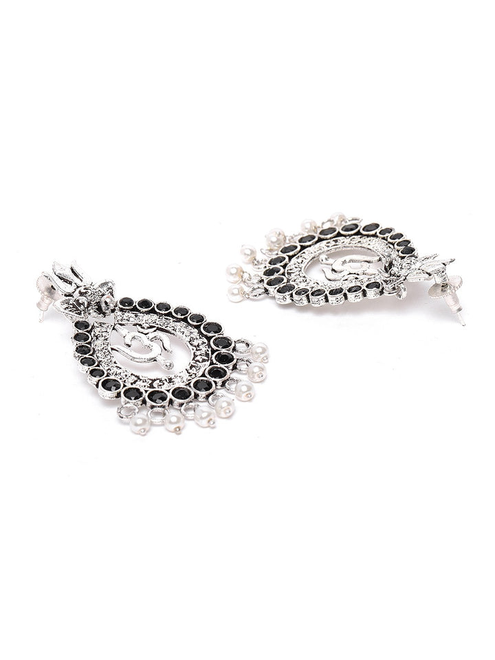 Silver Plated Black Stone and Beads Studded Jhumkas