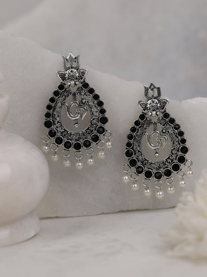 Silver Plated Black Stone and Beads Studded Jhumkas