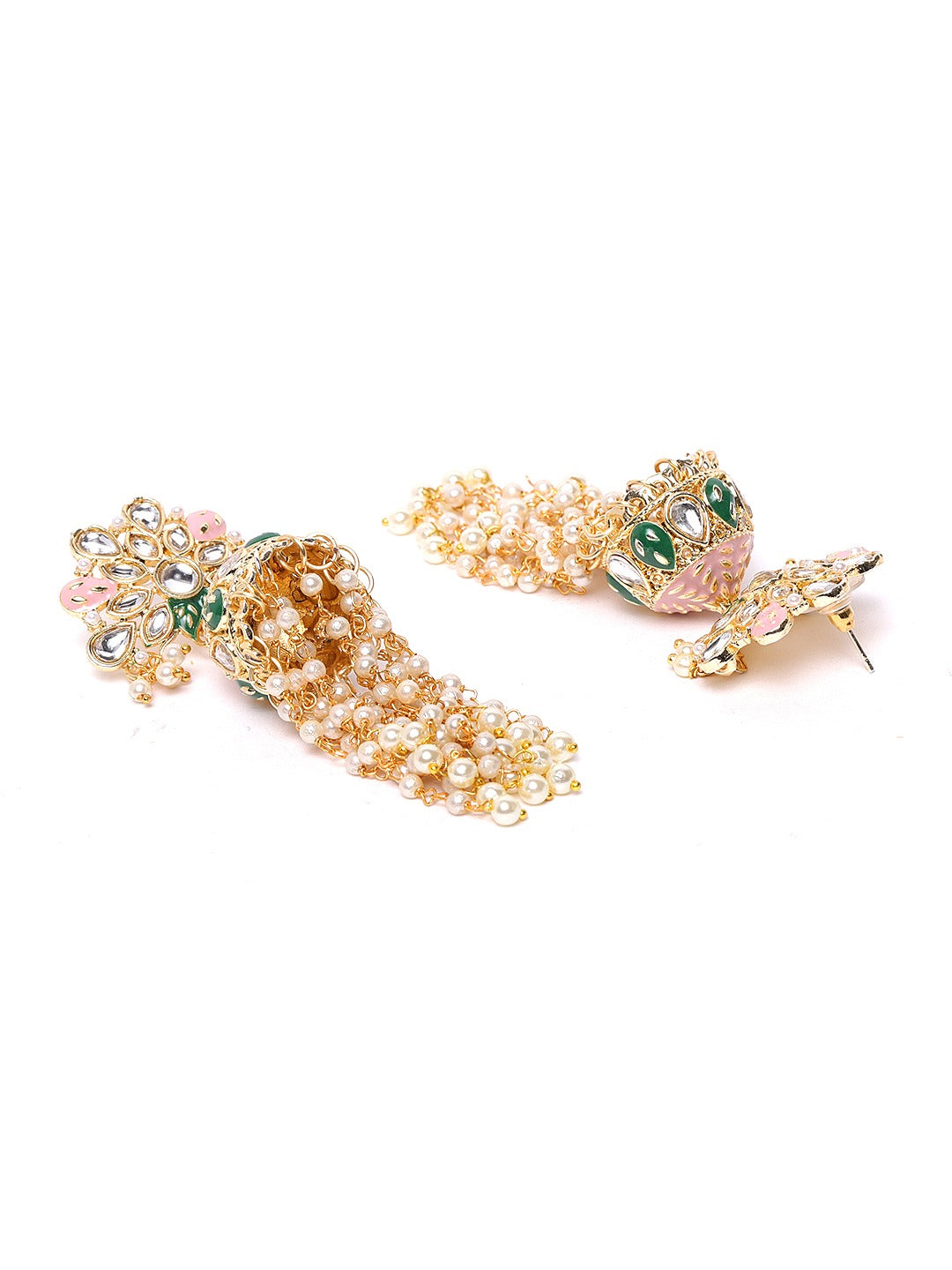 Pleasing Pink - Kundan Studded Colored Beaded Jhumka Earrings