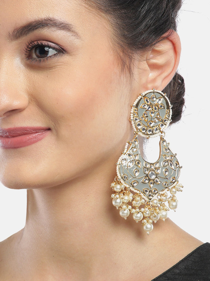 Kundan Studded and Beaded Grey Colored Earrings