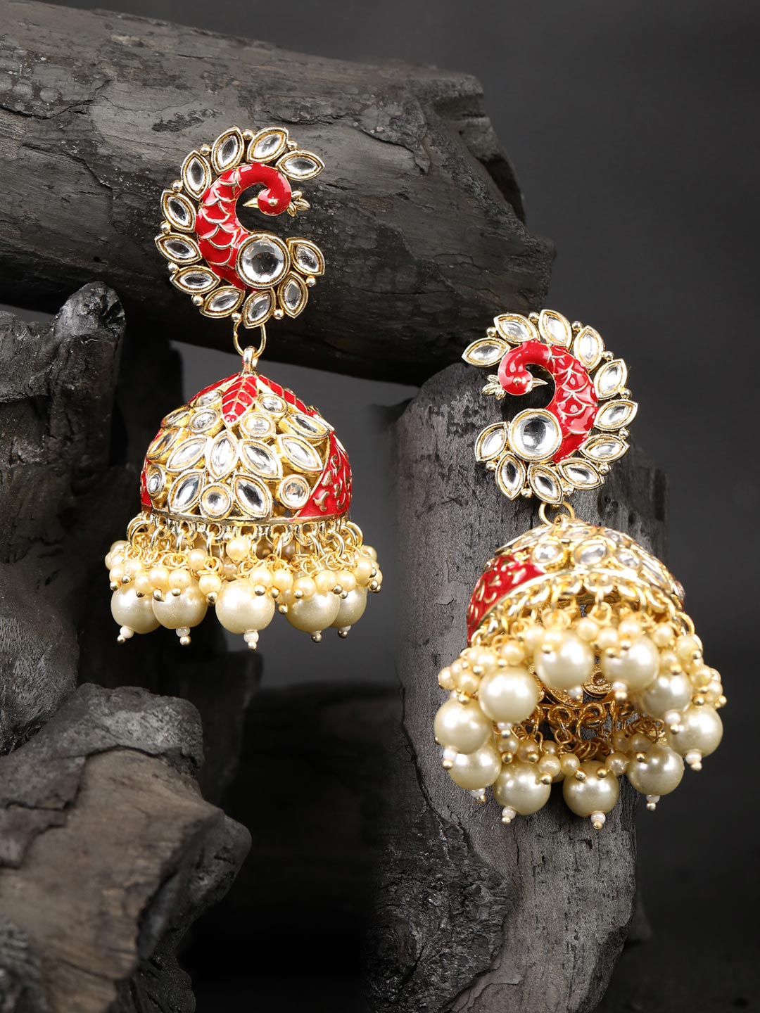Red colour pearl drop Jhumka Earrings – Estele