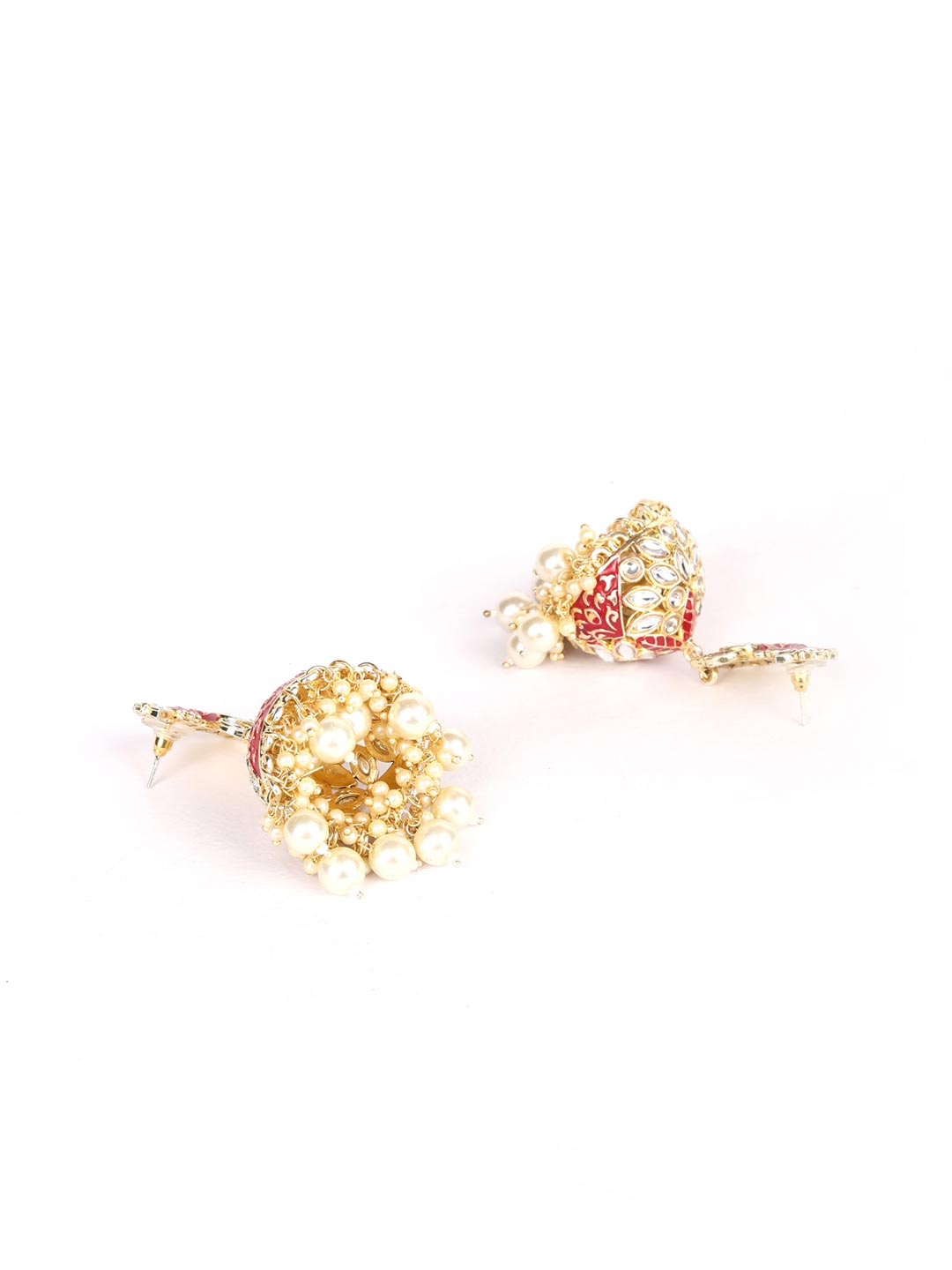 Red Beads Pearls Stones Gold Plated Peacock Jhumka Earring