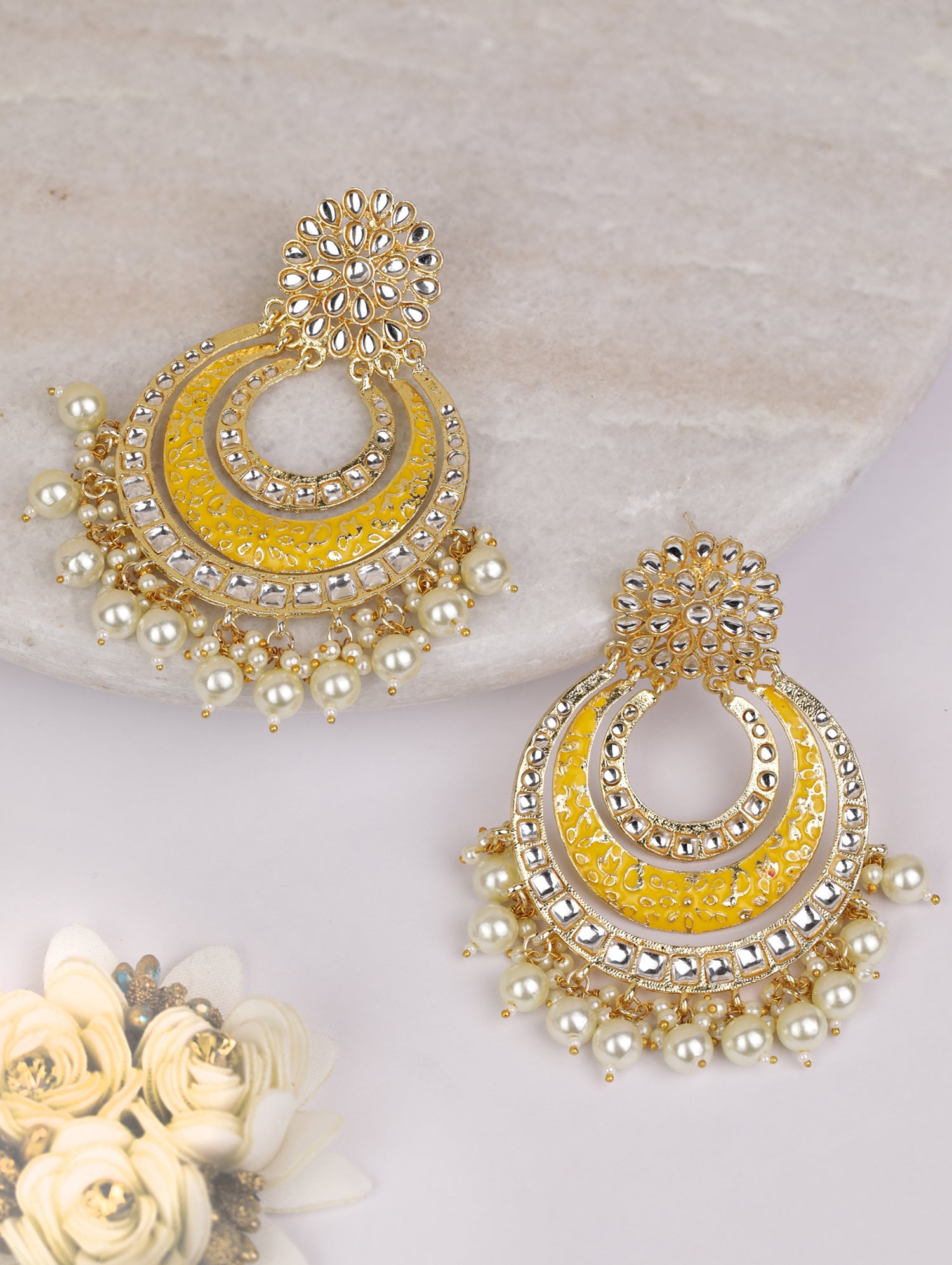 Kundan Studded Yellow Colored Earrings