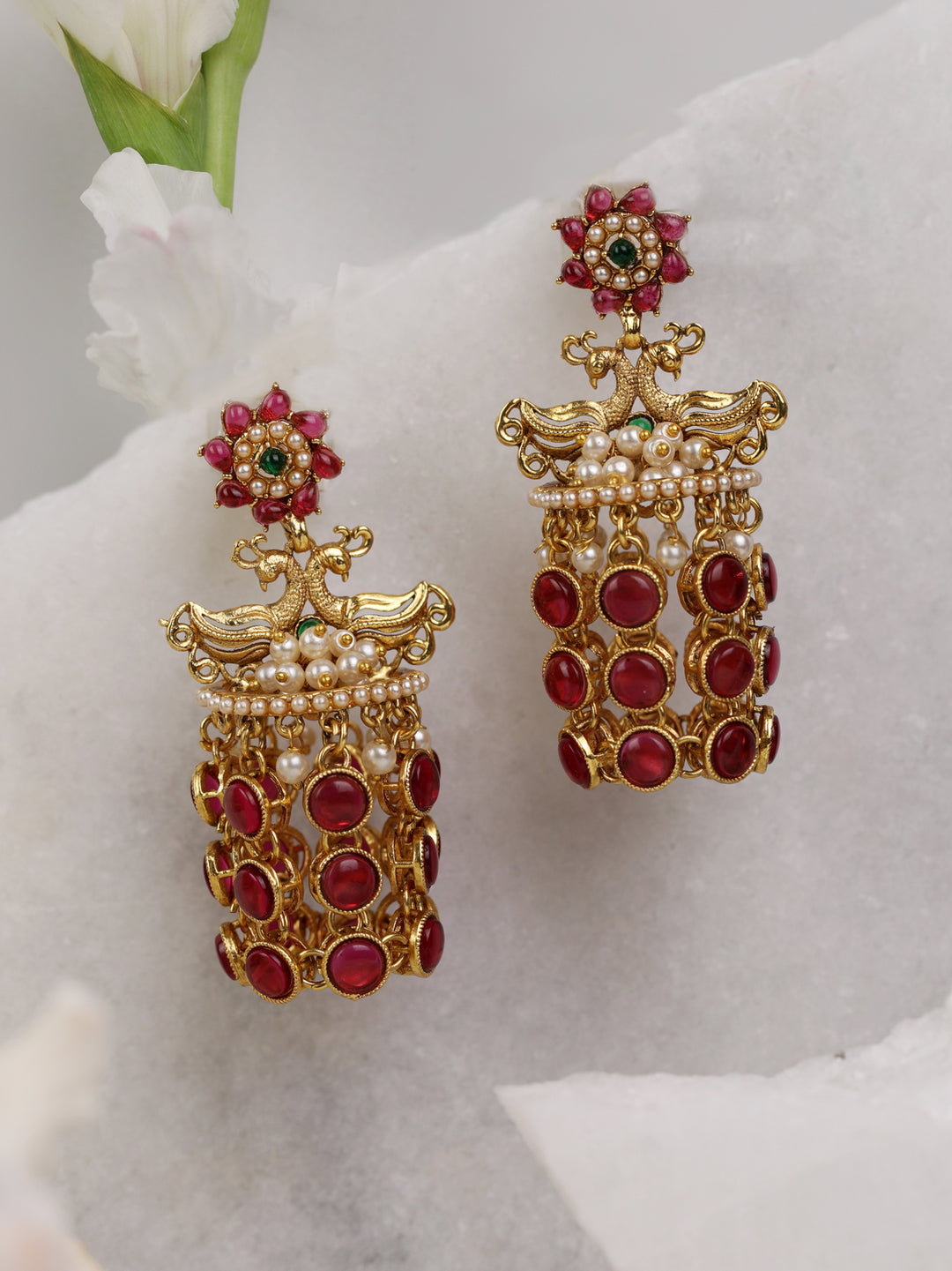 Ruby studded and beaded Peacock shaped Earring